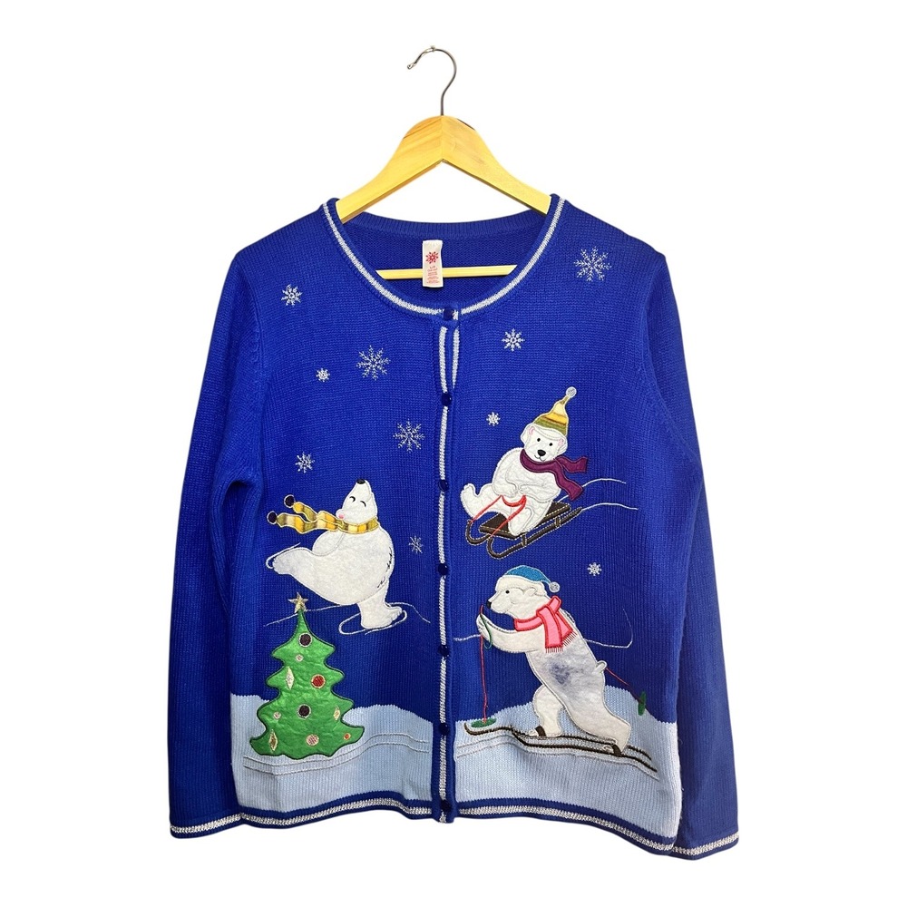 Novelty Christmas Cardigan L Polar Bear Skiing Sledding Ugly Festive Holiday‎